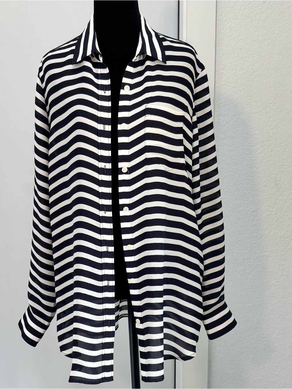 Banana Republic Navy Blue White Striped Button Down Shirt Small Sheer Nautical S